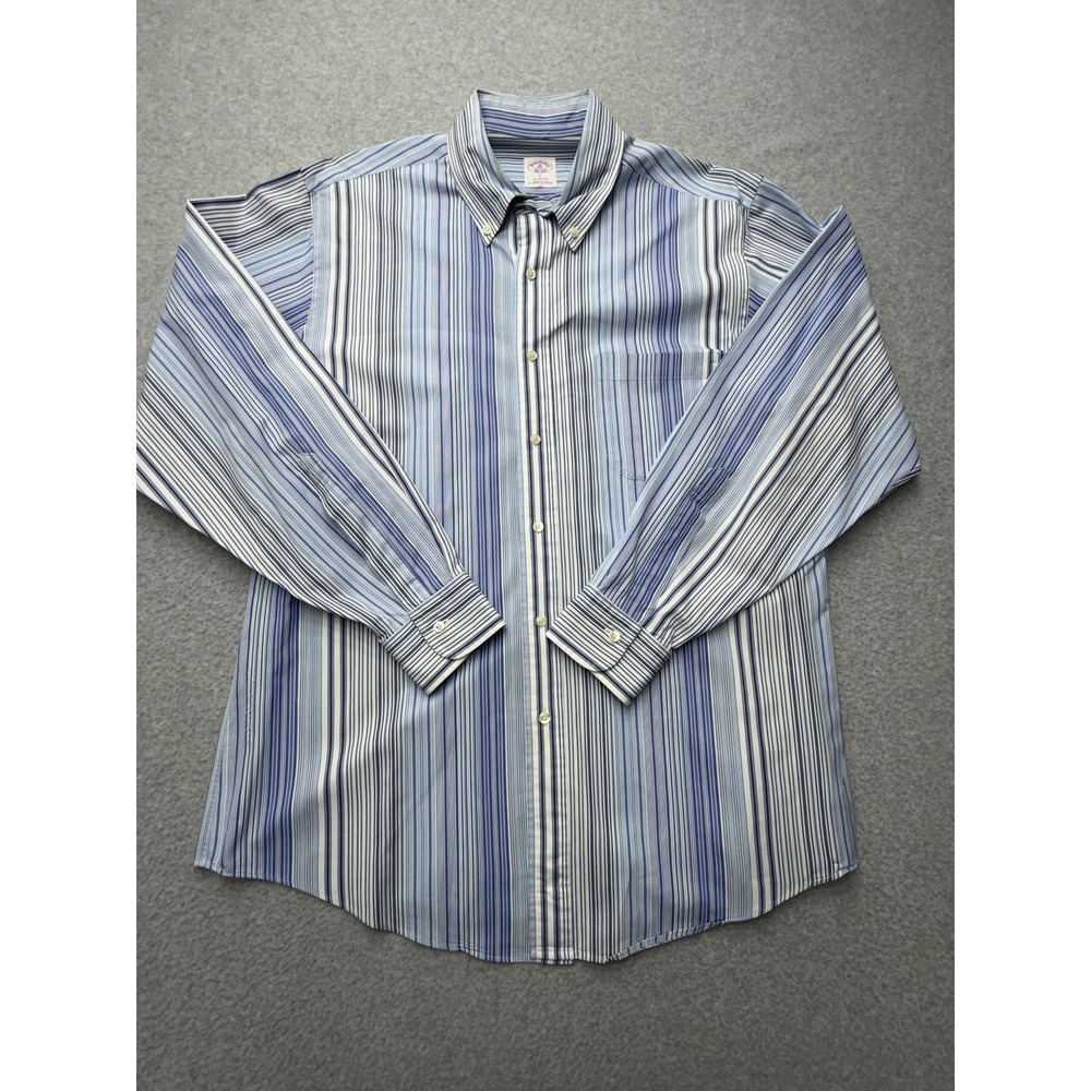 Brooks Brothers Dress Shirt Mens Large Blue Stripe Cotton Button Down Made USA